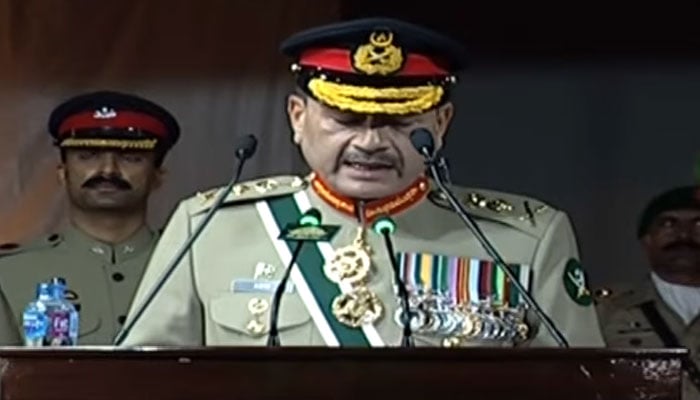 Army Chief General Asim is addressing Azadi Parade at PMA Kakul on August 14, 2024. — Screengrab/YouTube/GeoNews