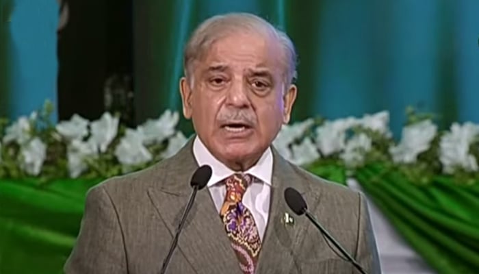 Prime Minister Shehbaz Sharif addressing Independence Day event on August 14, 2024. — YouTube/Geo News Live