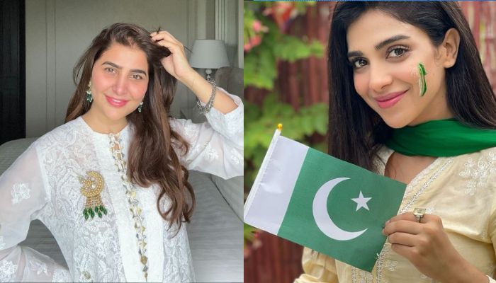 Renowned Pakistani actors Sonya Hussyn (R) and Areeba Habib (L) celebrate Pakistans Indpendence Day on August 14, 2024. — Instagram/@sonyahussyn/@imareebahabib