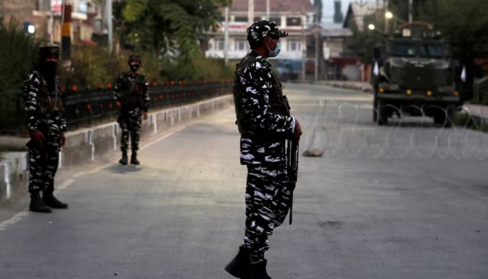 Indian security force personnel stand guard in Srinagar, IIOJK, on September 2, 2021. —Reuters