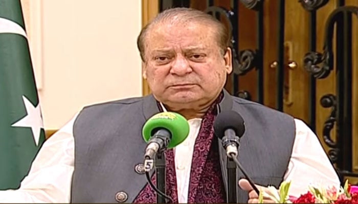 Pakistan Muslim League-Nawaz (PML-N) supremo Nawaz Sharif addressing the press conference along with Punjab Chief Minister Maryam Nawaz (not in the picture) in Lahore on August 16, 2024. — YouTube/Geo News/Screengrab