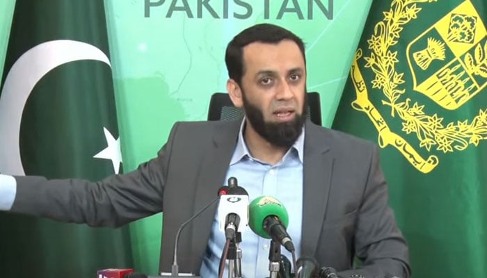 Federal Minister for Information Attaullah Tarar addresses a press conference in Islamabad on August 17, 2024. — Screengrab/Geo News/YouTube