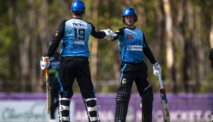 Adelaide Strikers batsmen react during a match against Pakistan Shaheens in Darwin, Australia, on August 18, 2024. —Facebook/ @NTCricket