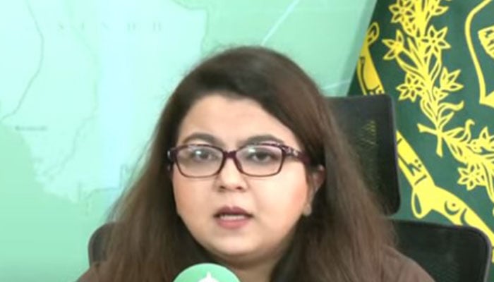 State IT Minister Shaza Fatima Khawaja addresses a press conference in Islamabad on Sunday, August 18, 2024. — Screengrab via YouTube/Geo News Live