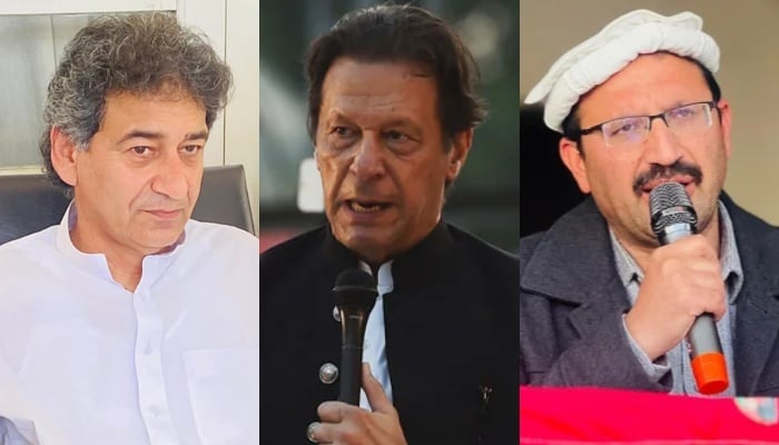 (From left to right) PTI leader Atif Khan, founder and ex-PM Imran Khan and MNA Junaid Akbar. — Facebook/Atif Khan/Junaid Akbar Khan/AFP/File