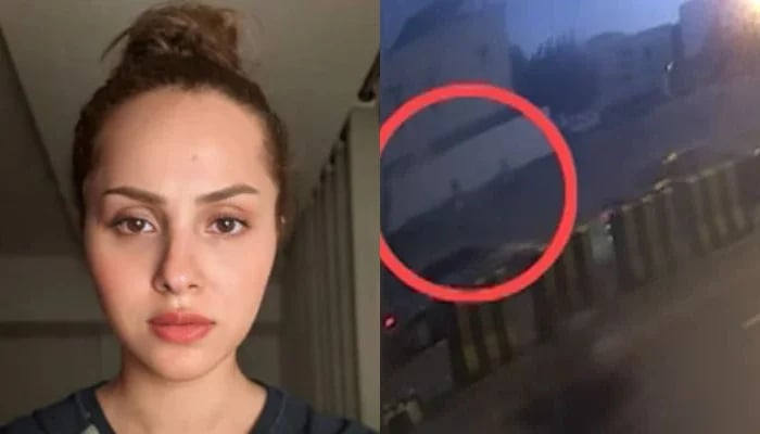 Actress Nimra Khan in the video she posted on her Instagram account, narrating the kidnapping incident (left) and CCTV footage showing a motorcycle approaching the actress on the side of the road. — Screenshot via Instagram/@nimrakhan_official/video/Geo News Live