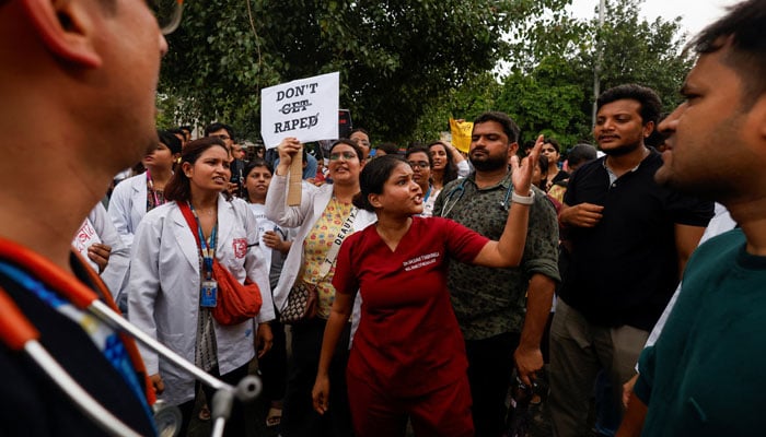 Doctors shout slogans and hold placards during a protest demanding justice following the rape and murder of a medical student at a Kolkata hospital in New Delhi, India, August 17, 2024. — Reuters