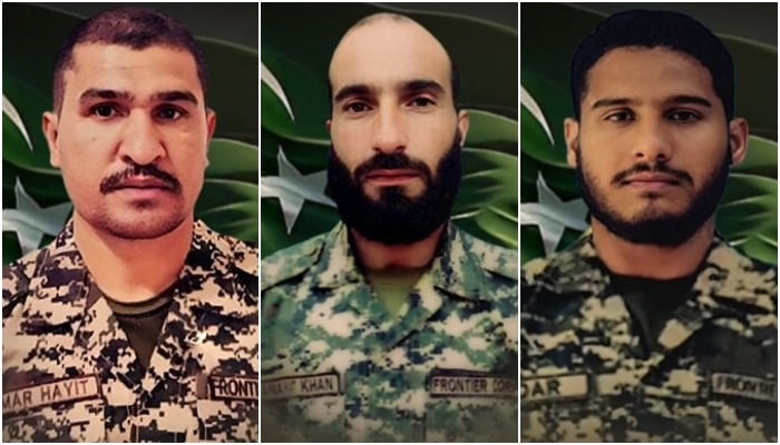 The combination images show martyred soldiers Naik Inayat Khan (C), Lance Naik Umer Hayat (L) and Sepoy Waqar Khan (R). — ISPR