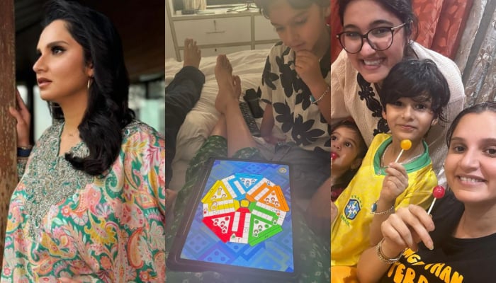 Sania Mirza wearing a multi coloured eastern dress (L), her son Izhaan Mirza Malik playing ludo and the star enjoying lollipops with her son, niece and sister Anam Mirza. — Instagram/@mirzasaniar