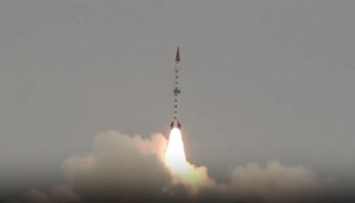 A screengrab showing the training launch of surface-to-surface Shaheen II ballistic missile on August 20, 2024. — Geo News