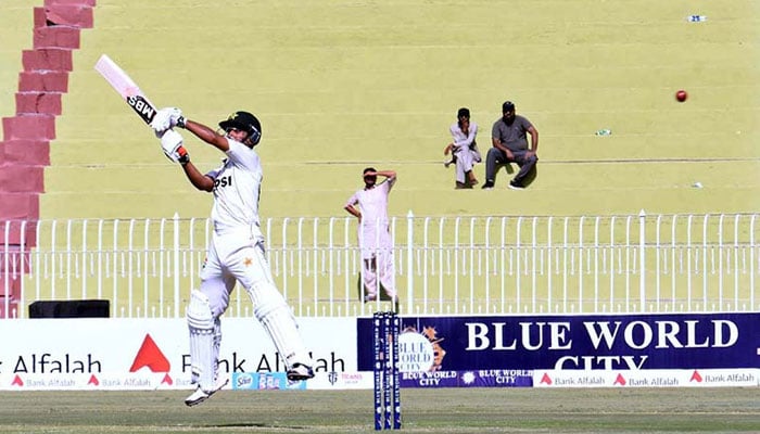 Pakistani batsman Saim Ayub plays shot during the first day of the 1st Test cricket match between Pakistan and Bangladesh teams at the Rawalpindi Cricket Stadium on August 21, 2024. — APP