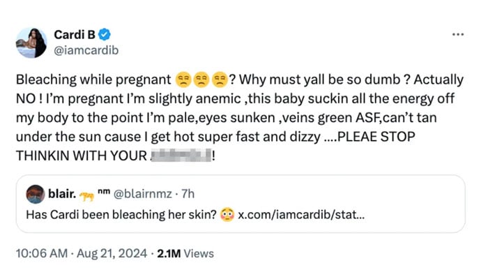 Pregnant Cardi B sets record straight on skin bleaching accusations