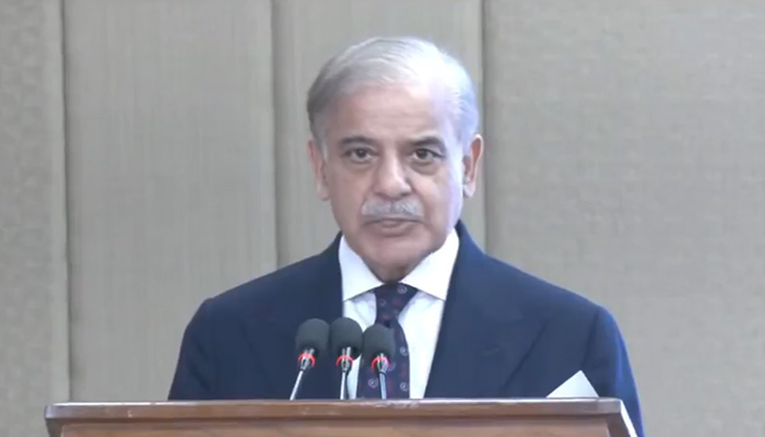 Prime Minister Shehbaz Sharif addressing the event in Islamabad on August 22, 2024. —Screengrab/ Facebook/@pml.n.official