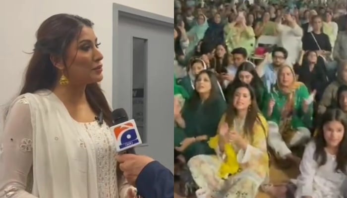 A combo showing showbiz star Mehwish Hayat speaking to Geo News and Pakistani community members attending Pakistan Day Festival in Dallas, US. — Reporter/File