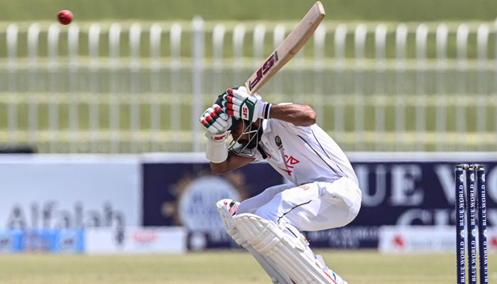 Bangladeshs Shadman Islam avoids a bouncer ball during the third day of the first Test cricket match between Pakistan and Bangladesh at the Rawalpindi Cricket Stadium in Rawalpindi on August 23, 2024.