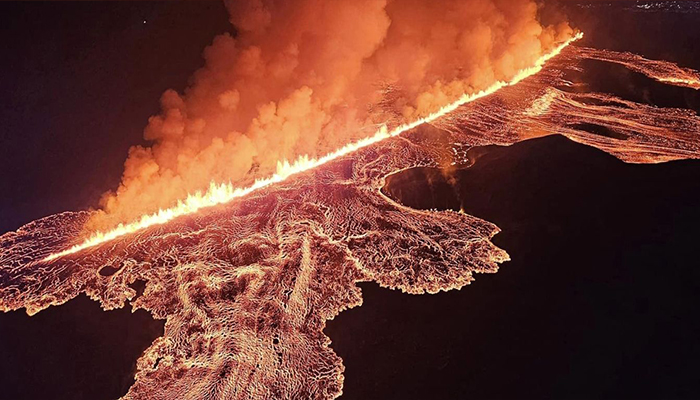 Picture released by the Public Defense Department of the State Police in Iceland and taken during the night from August 22 to 23, 2024 shows lava and smoke erupting from a volcano near Grindavik on the Icelandic peninsula of Reykjanes.— AFP