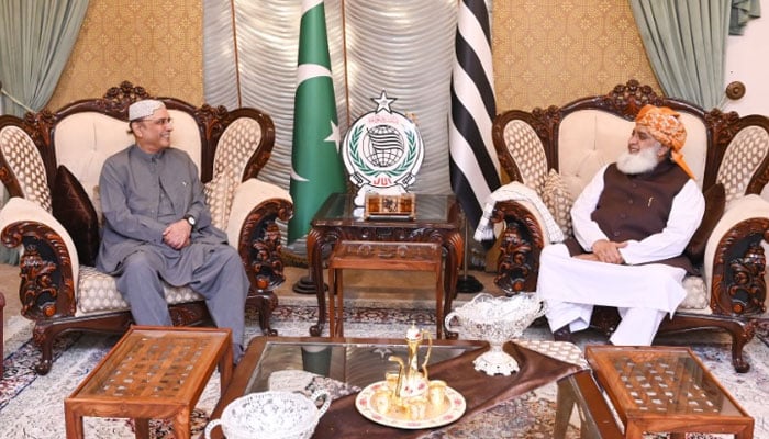 President Asif Ali Zardari is meeting JUI-F chief Maulana Fazlur Rehman at the latters residence in Islamabad on August 24. — APP