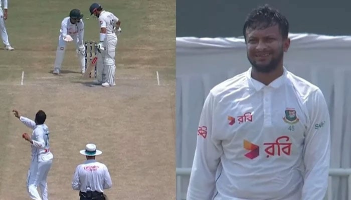 A combo of image showing screengrab of Pakistans innings (left) and Bangladeshs all-rounder Shakib Al Hasan during the fifth day of the first Test at Rawalpindi Cricket Stadium on August 25, 2024. — Facebook/Pakistan Cricket Team