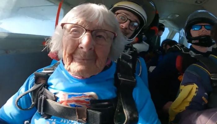 102-year-old woman Manette Baillie moments before she sky dived on August 25, 2024. — UK Parachuting Services Ltd/Goldster