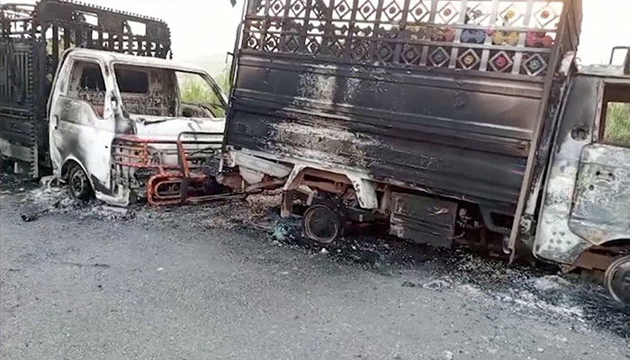 A view shows charred vehicles, after militants conducted deadly attacks, according to officials, in Balochistan province, Pakistan, August 26, 2024, in this screengrab obtained from a video. — Reuters