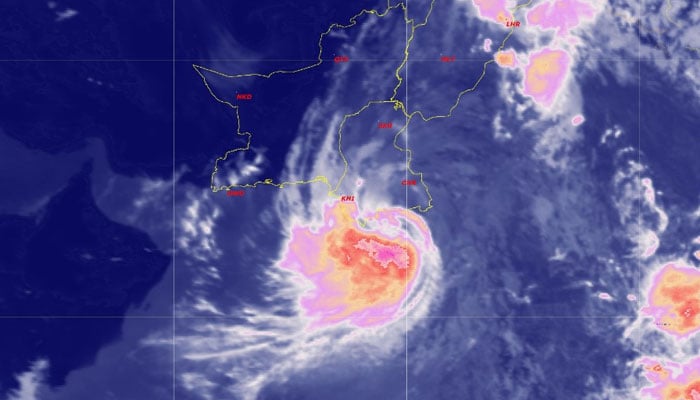 A screenshot shows a severe weather system approaching Karachi on August 29, 2024. — PMD