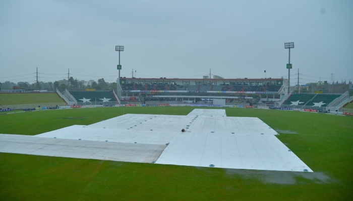 Covers have been placed on the pitch due to rain in the Rawalpindi cricket stadium on August 30, 2024. —PCB