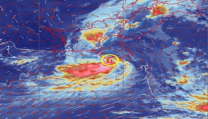 A screenshot shows a severe weather system likely to emerge along Sindh coast on August 30, 2024. — PMD