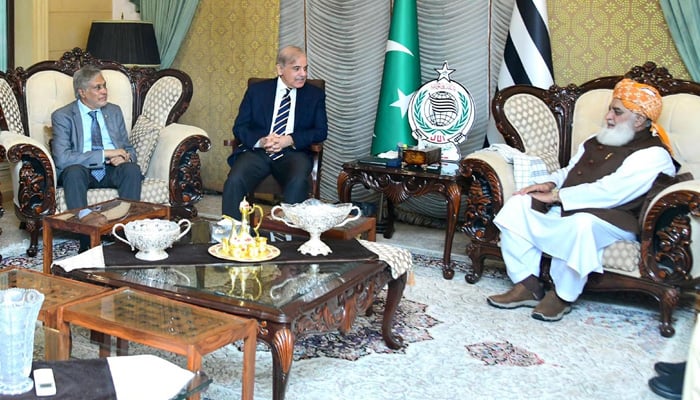 PM Shehbaz Sharif meets JUI-F supremo Maulana Fazlur Rehman on August 30, 2024. — PID