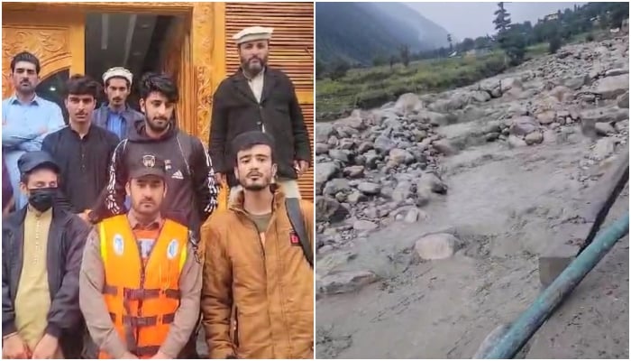 Destruction of arterial road in Kumrat Valley after heavy rains (right) and tourists standing with rescue officials in these stills taken from videos. — Geo News