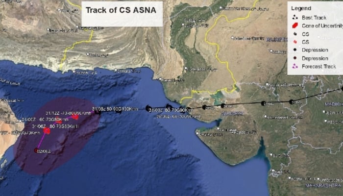 A satellite image released by the Pakistan Meteorological Department (PMD) shows cyclonic stomr Asna moving away from Pakistans coastal line on August 31, 2024. —PMD website