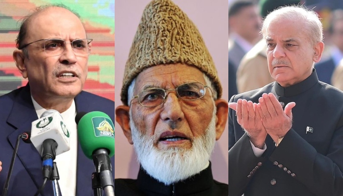 President Asif Ali Zardari (left), Prime Minister Shehbaz Sharif (right) and Kashmiri leader Syed Ali Shah Geelani. — APP/ Facebook/@Bilawalhouse/@ShehbazSharif