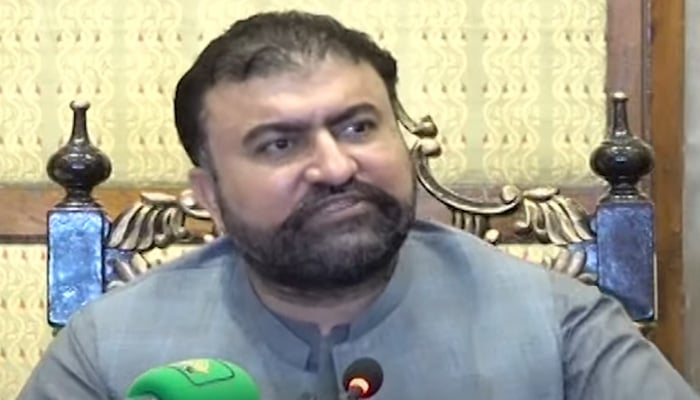 Balochistan CM Sarfraz Bugti addresses the press conference in Lahore on September 1, 2024. — Screengrab via Geo News