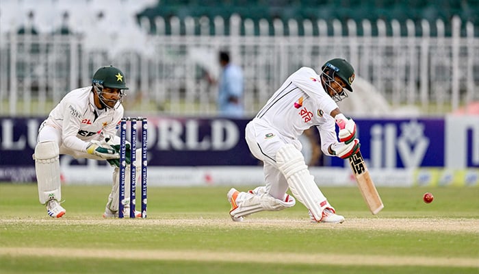 Bangladeshs Zakir Hasan (R) plays a shot during the fourth day of the second and last Test cricket match between Pakistan and Bangladesh, at the Rawalpindi Cricket Stadium in Rawalpindi on September 2, 2024. — AFP