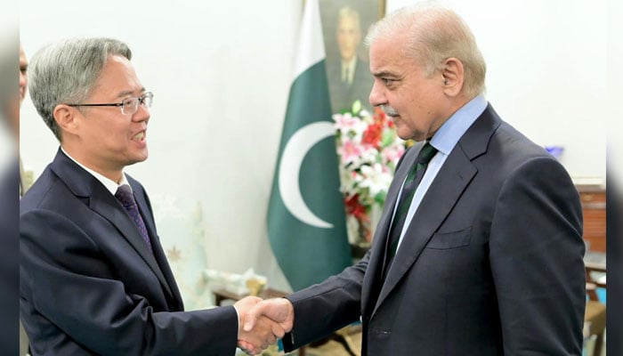 Chinese Ambassador to Pakistan Jiang Zaidong (left) calls on Prime Minister Shehbaz Sharif on September 2, 2024. — PID