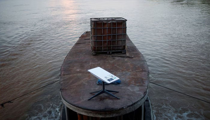 A Starlink satellite internet system is set up on a miners boat on the Madeira River in Porto Velho, Rondonia state, Brazil, July 4, 2024. — Reuters