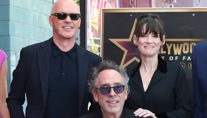 Micheal Keaton presenting Tim Burton with star on Hollywood Walk of Fame