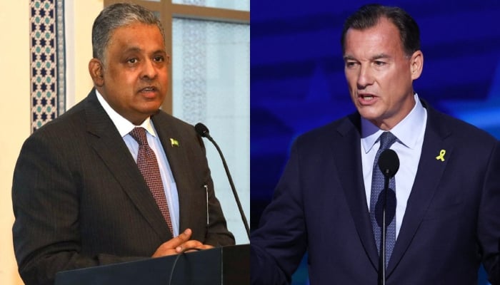 A combination of images showing Pakistans Ambassador to the United States Rzwan Saeed Sheikh (left) and Representative Tom Suozzi. — Facebook/Pakistan Embassy US/Reuters/Files