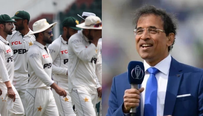 A combo showing Pakistani players (right) pictured during a Test match against Bangladesh at Rawalpindi Cricket Stadium and an undated image of commentator Harsha Bhogle. — PCB/AFP/File