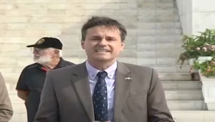 US Consul General in Karachi Scott Urbom speaks to the media during his visit to Mazar-e-Quaid in Karachi on September 4, 2024. — Screengrab via YouTube/Geo News