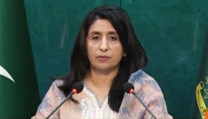 Foreign Office spokesperson Mumtaz Zahra Baloch can be seen in this still taken from video. — Screengrab/YouTube/Geo News