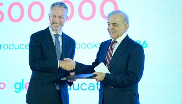 President Asia Pacific of Google presents locally manufactured Chromebook to Prime Minister Shehbaz Sharif on September 5, 2024 in Islamabad. — PID