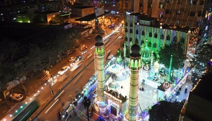 View of an illuminated mosque during celebrations marking Eid Milad un Nabi in Karachi. — AFP/File