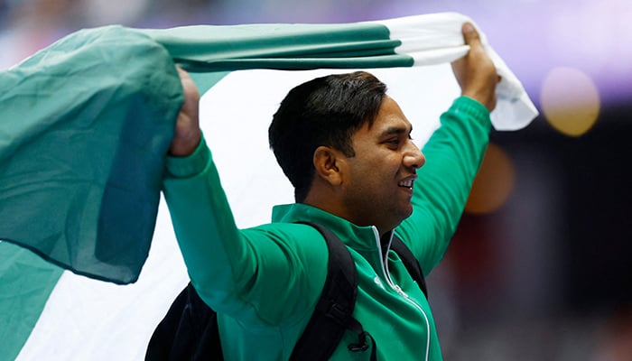 Haider Ali of Pakistan celebrates after winning a bronze medal at the Paris 2024 Paralympics in the Mens Discus Throw F37 final at the Stade de France, Saint-Denis, Paris, France on September 6, 2024. — Reuters