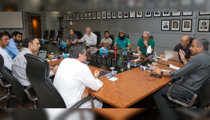 PCB Chairman Mohsin Naqvi chairing a meeting of senior board officials in Lahore on July 15, 2024. —X/ @TheRealPCB