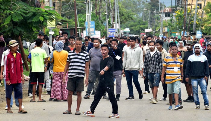 Internally displaced persons (IDPs), who are living in relief camps, react during a protest rally demanding their resettlement in their native places, in Imphal, Manipur, India, August 1, 2024. — Reuters