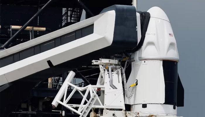 A SpaceX Falcon 9 rocket being prepared for another launch attempt for the Polaris Dawn mission at the Kennedy Space Center in Cape Canaveral, Florida, US on September 9, 2024. — Reuters