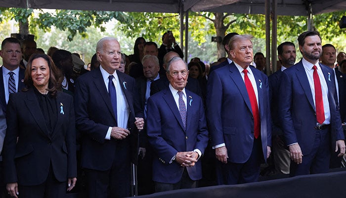 Republican presidential nominee and former US President Donald Trump and Republican US vice presidential nominee Senator JD Vance, US President Joe Biden and Democratic presidential nominee and Vice President Kamala Harris stand in the Manhattan borough of New York City, US, September 11, 2024. — Reuters