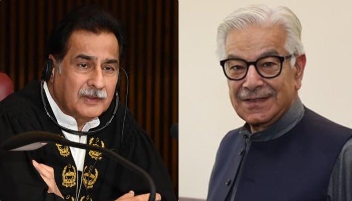 Federal Minister for Defence Khawaja Asif (right) and National Assembly Speaker Sardar Ayaz Sadiq. — Facebook/ @khawajaAsifofficial/ @SardarAyazSadiq/ File