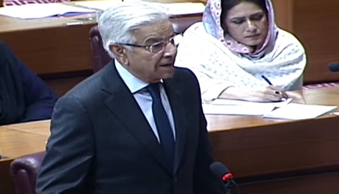 Defence Minister Khawaja Asif addresses the National Assembly session on September 12, 2024. — Screengrab via Geo News