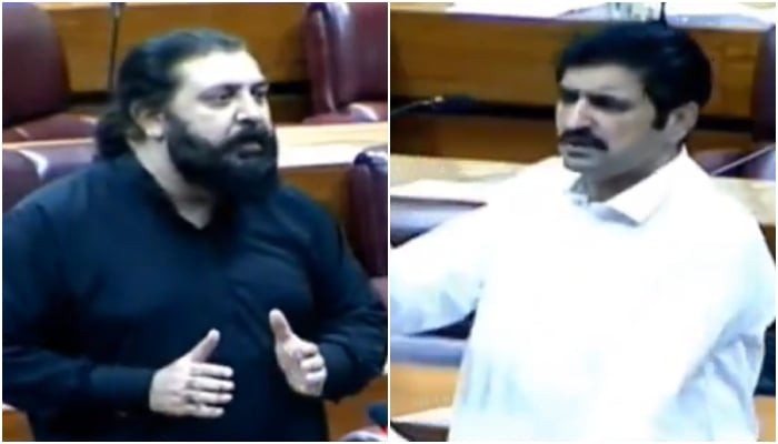 Pakistan Tehreek-e-Insaf (PTI) Members of National Assembly (MNAs), Sheikh Waqas Akram (left) and Sher Afzal Marwat, speak on the lower house floor in Islamabad on September 12, 2024. — Screengrab/X/@PTIofficial